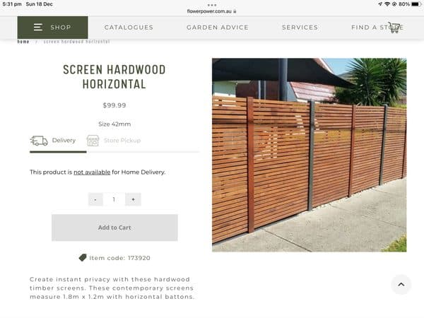 Product listing for a 1.8 by 1.2 metre horizontal hardwood screen