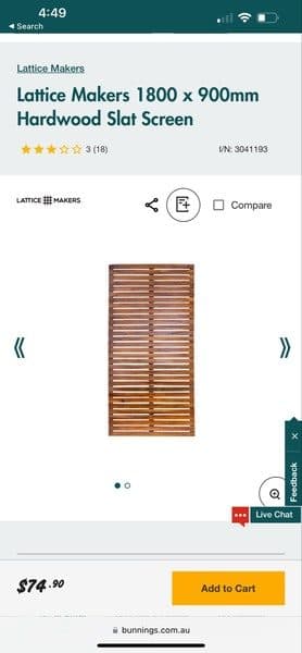 Product listing for a hardwood slat screen suggested as a match