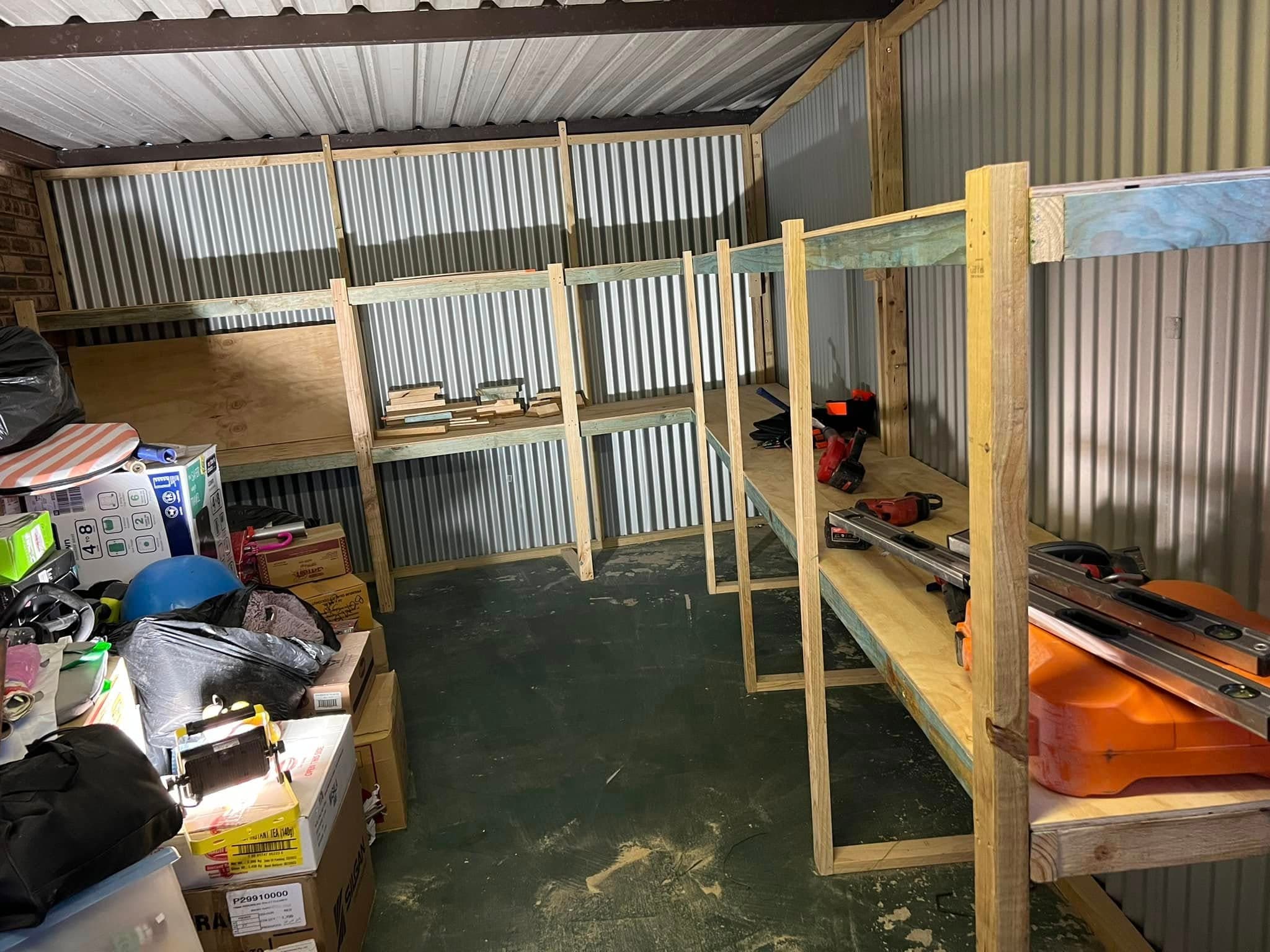 Built-in plywood shed shelving