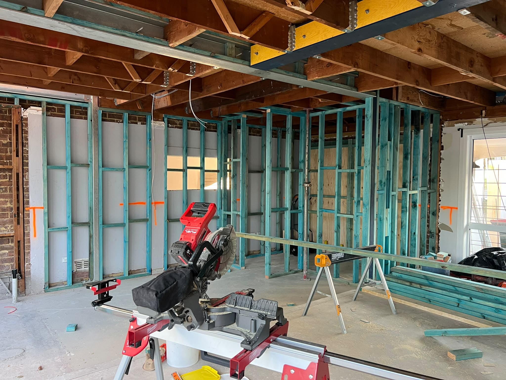 New stud walls and a structural steel beam